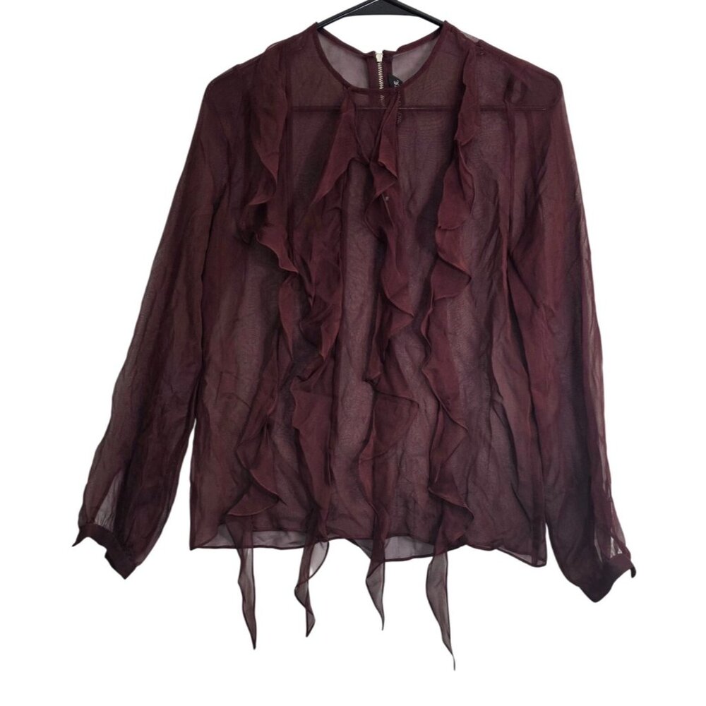 Thomas Wylde Sheer Burgundy Silk Top Fringe Ruffle Longsleeve Layer Blouse Shirt